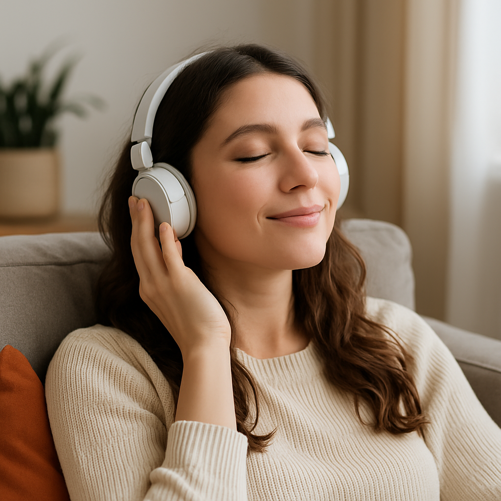A young woman relaxing on a sofa, wearing white headphones and smiling peacefully while listening to music in a sunlit room.