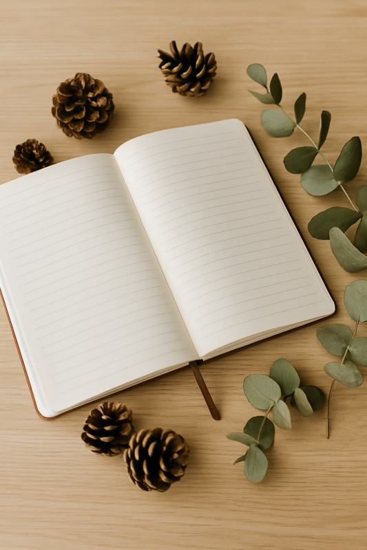 An open journal with blank lined pages lies on a light wooden surface, surrounded by pinecones and eucalyptus leaves, creating a calming, natural setting.